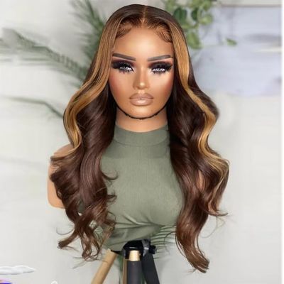 oulaer Highlight #4/27 Honey Blonde Body Wave Human Hair Wig Deep Part HD Transparent 13x6 Lace Front Wig Brazilian Hair Natural Wave Human Hair Glueless Wigs 150% Density Natural Hairline 20inch