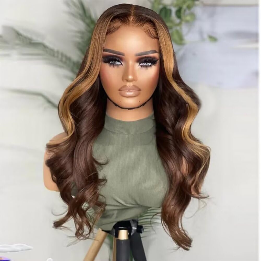 oulaer Highlight #4/27 Honey Blonde Body Wave Human Hair Wig Deep Part HD Transparent 13x6 Lace Front Wig Brazilian Hair Natural Wave Human Hair Glueless Wigs 150% Density Natural Hairline 20inch