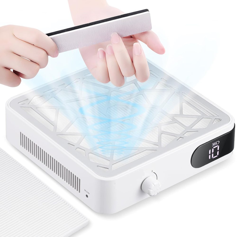 Nail Dust Collector, Rechargeable Nail Vacuum Dust Extractor with Reusable Filters, Low Noise Nail Vacuum Fan for Nail Polishing Home Salon