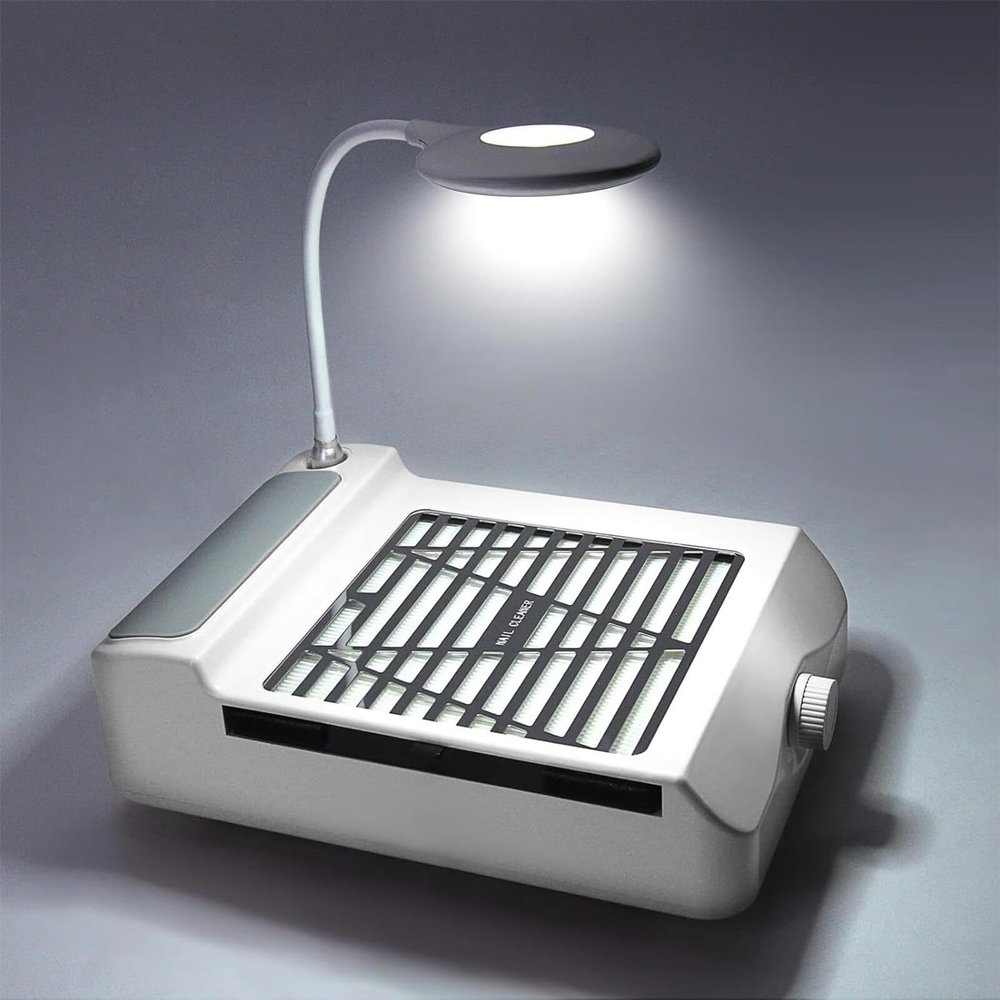 Nail Dust Collector, Nail Vacuum Dust Collector, Suction Fan with Lamp for Nail Tech Acrylic Nails Gel Dip Powder Removal, with Nail Dust Brush, White