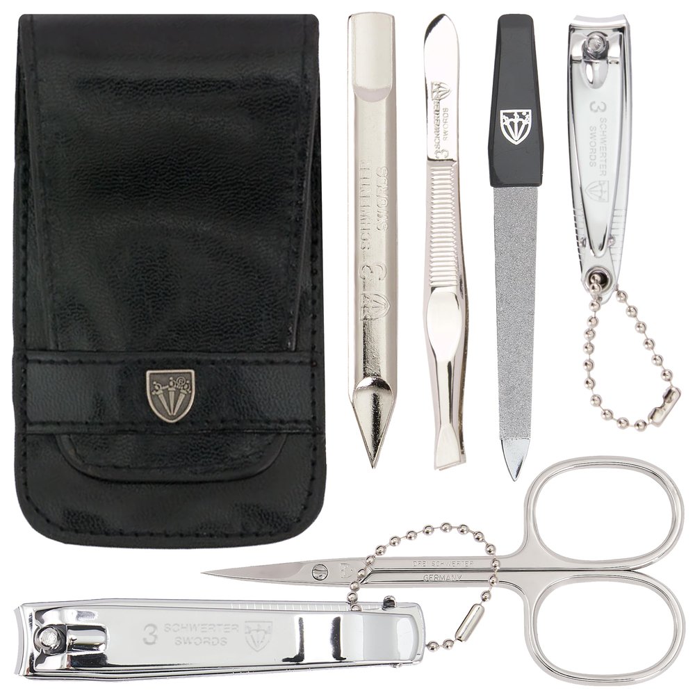 3 Swords Germany - brand quality 6 piece manicure pedicure grooming kit set for professional nail care with black synthetic leather case - Made in Germany