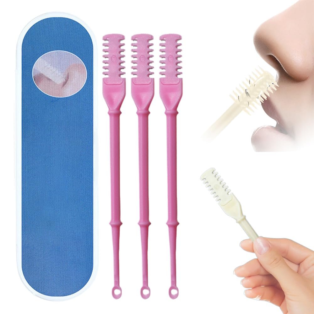 2-in-1 Nasal Hair Cutter, Double Head 360 Rotating Nose Hair Trimmer Nostril Hair Remover Tool, Double Sided Nose Hair Knife Manual Nose Hair Trimmer with Ear Picker for Women Men (Pink, 3 PCS)
