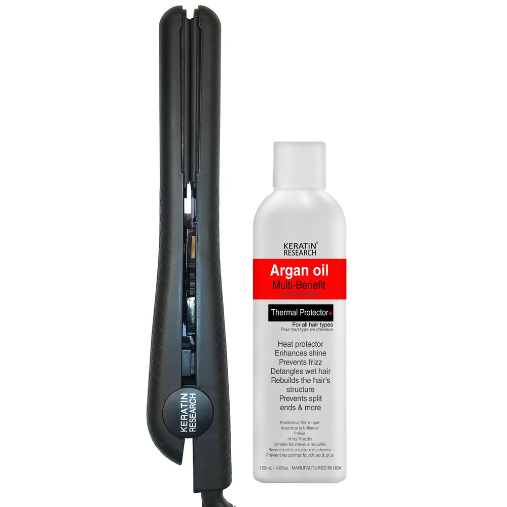KERATIN RESEARCH Keratin Hair Straightening Flat iron With Argan Oil Thermal spray To Ease and Deliver Great Shiny Smooth Hair Treatment Quickly