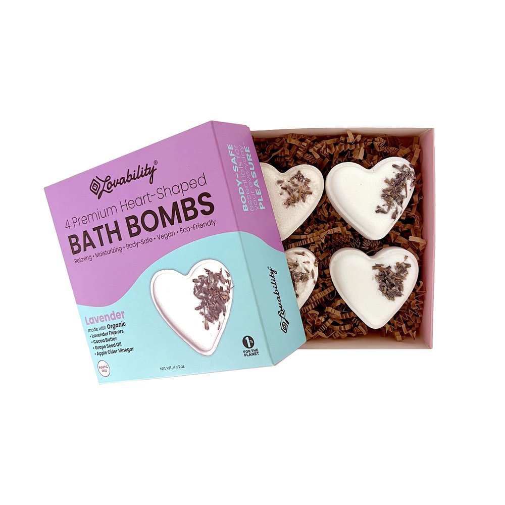 Lovability Heart-Shaped Bath Bombs (4 Count) | Natural, Moisturizing Ingredients with Organic Lavender Buds | Gynecologist-Approved, pH Balancing, Vegan, Plastic-Free