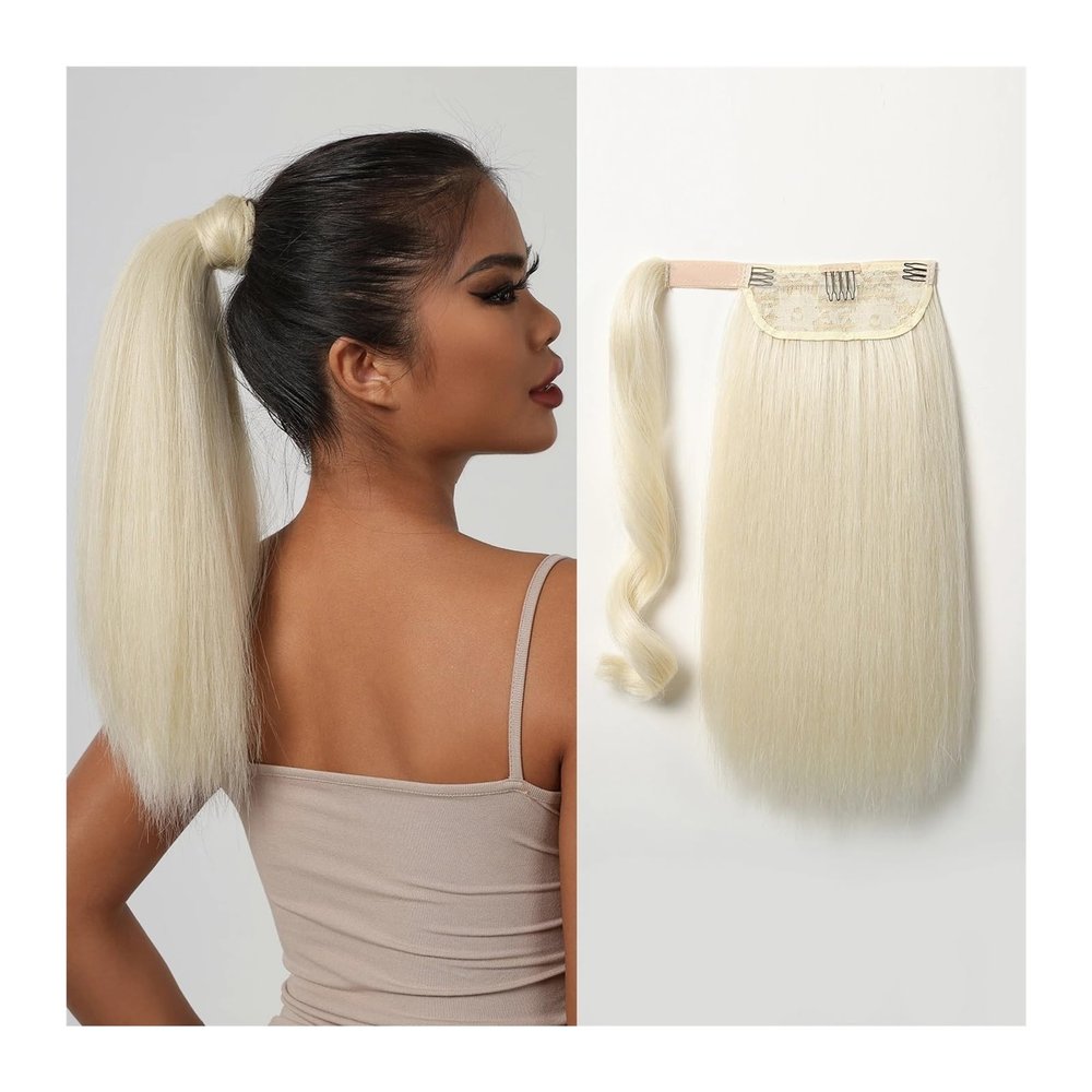 YUXING1205 Straight Ponytail Hairpiece for Women 16inch Ponytail Wrap Around Clip In Hair Extension Black Long Heat Resistant Fibre(White)