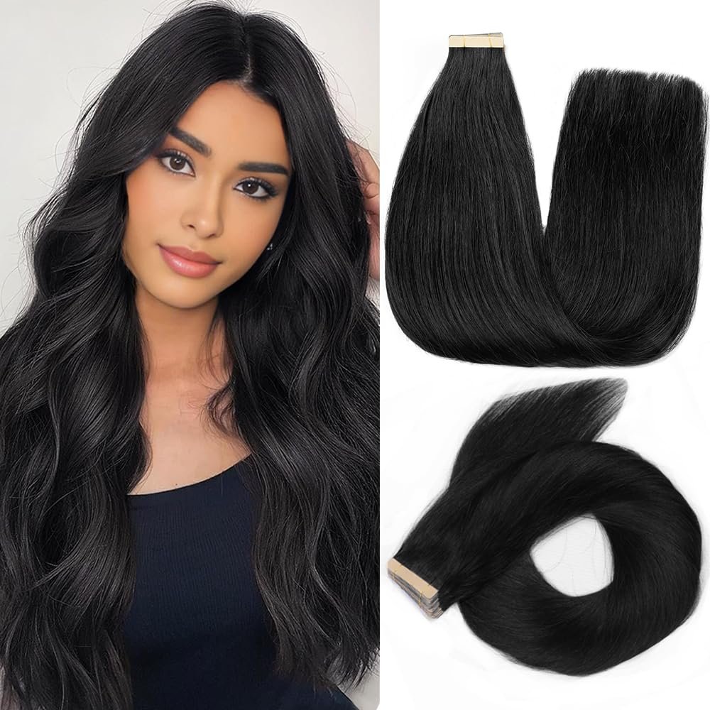 YDDM Jet Black Tape in Hair Extensions Human Hair, 20pcs 20 Inch 100% Remy Human Hair for WomenStraight Invisible Seamless Tape in Hair Extensions(1#, 20 Inch)