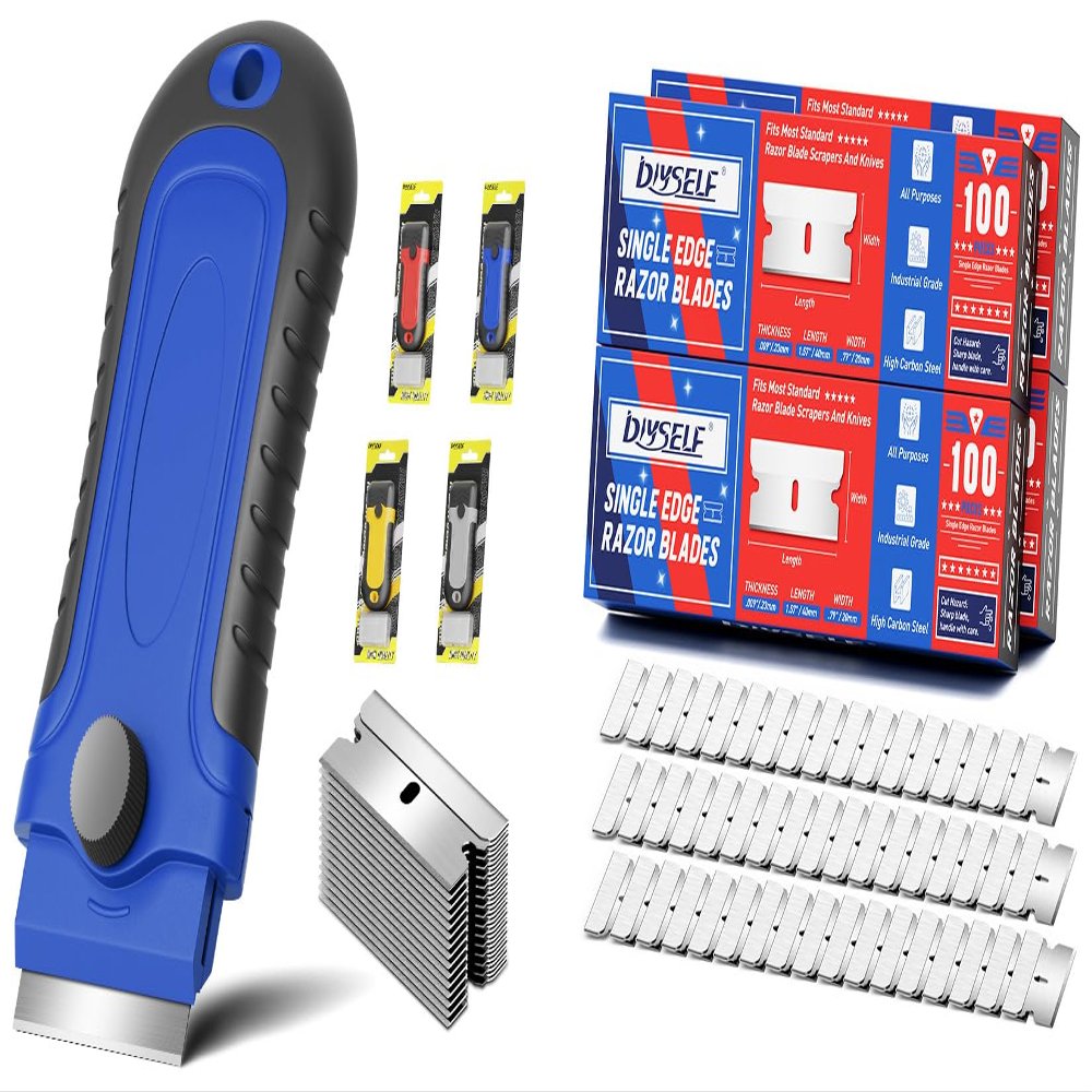DIYSELF 1 Pack Razor Blade Scraper(Blue) and 400 Pcs Single Edge Razor Blades
