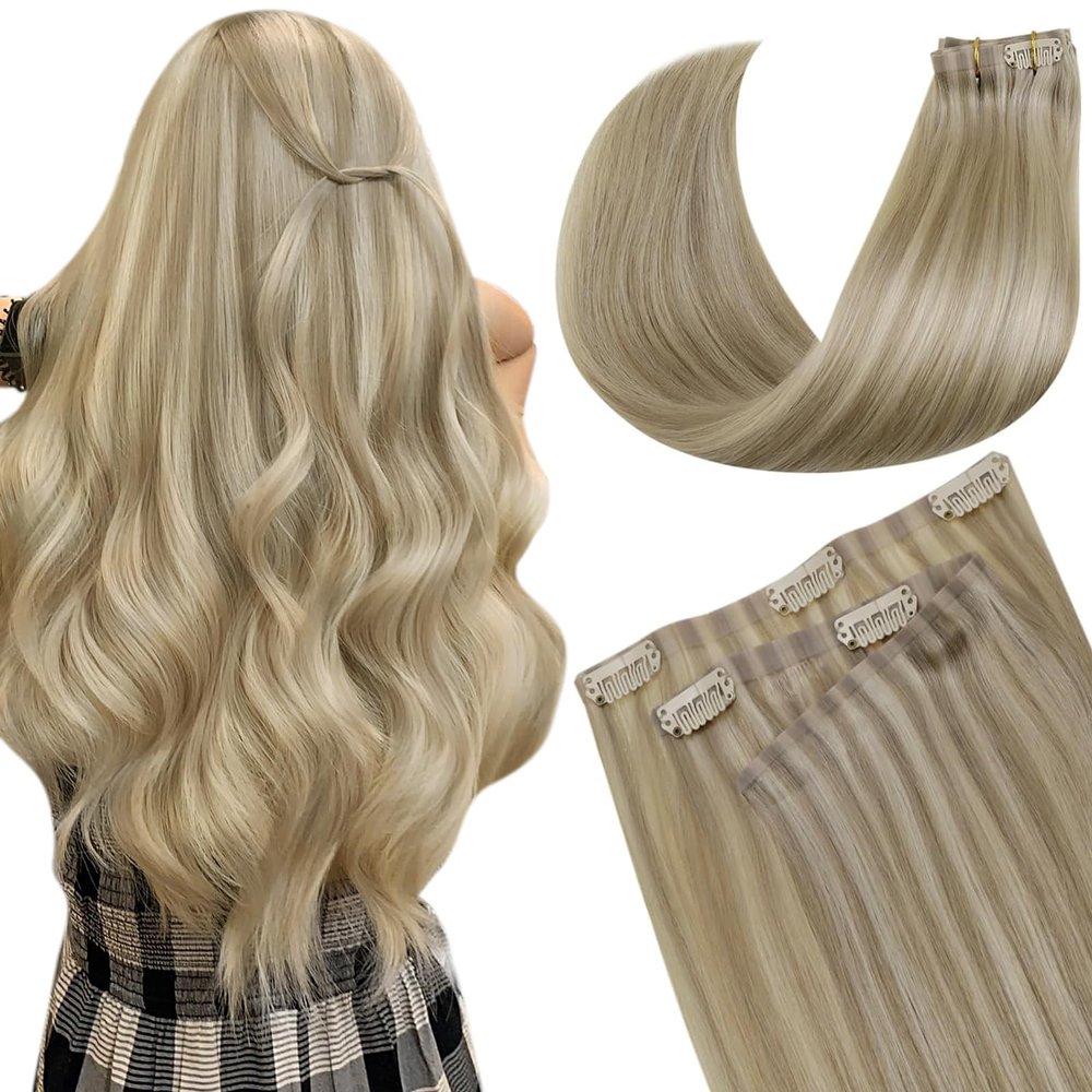 LaaVoo Seamless Clip in Hair Extensions Blonde Seamless Hair Extensions Clip ins Dark Ash Blonde Highlights Light Blonde Seamless Clip ins Hair Extension Real Human Hair PU Weft 14 Inch 7pcs/110g