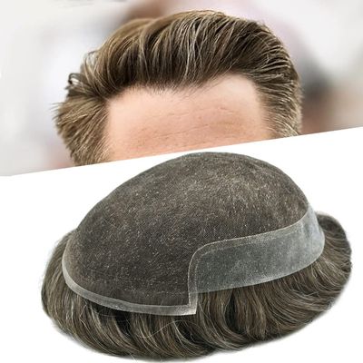 Right Hair Human Hair Toupee For Men Swiss Lace Toupee Hairpiece Bleached Knot Hair Piece For Men Hair Replacement Mens Toupee 7X9#440#4 Medium Brown+40% Grey 80% Density