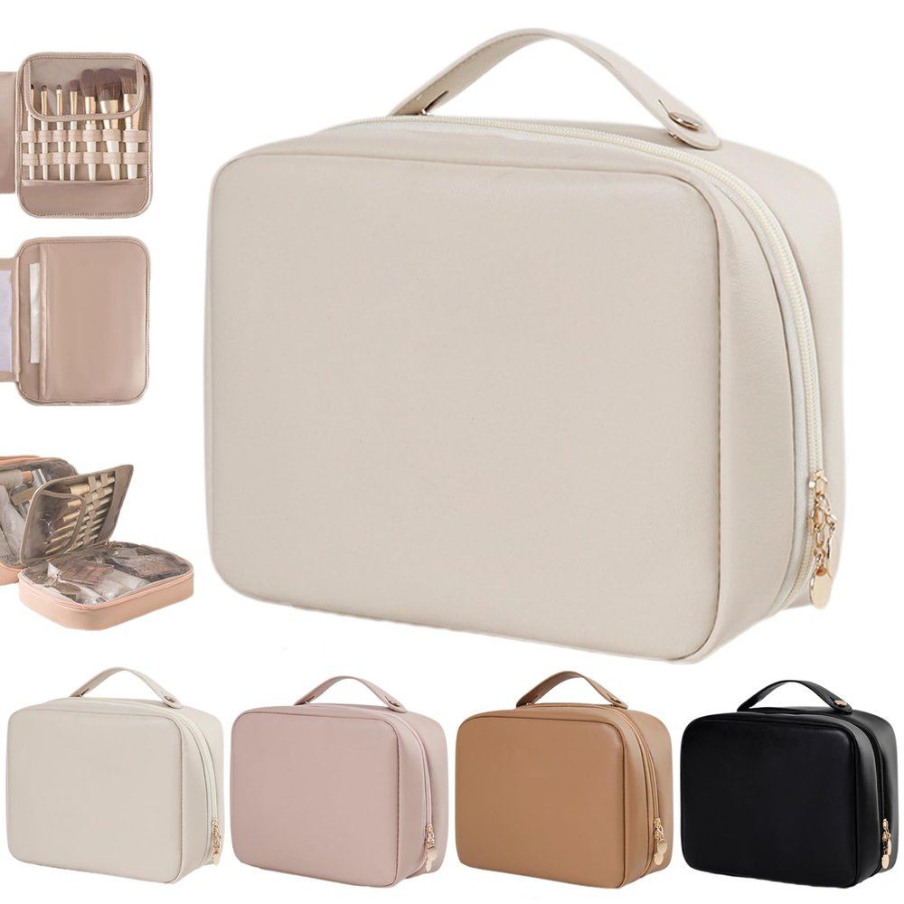 LJXWRF Multi-Compartment Toiletry Cosmetics Bag, Bag-Multi Compartment Toiletry Bag, Toiletry Cosmetics Bag, PU Leather Large Capacity & Portable (Beige)