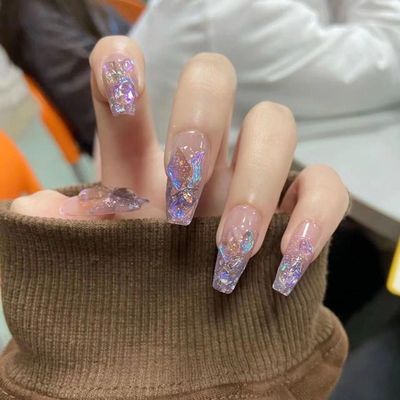 ZIIVIEVS Handmade Wearing Armor with Phantom Purple Gradient Full Diamond Long Ice Transparent Whitening Detachable False Nails(S)
