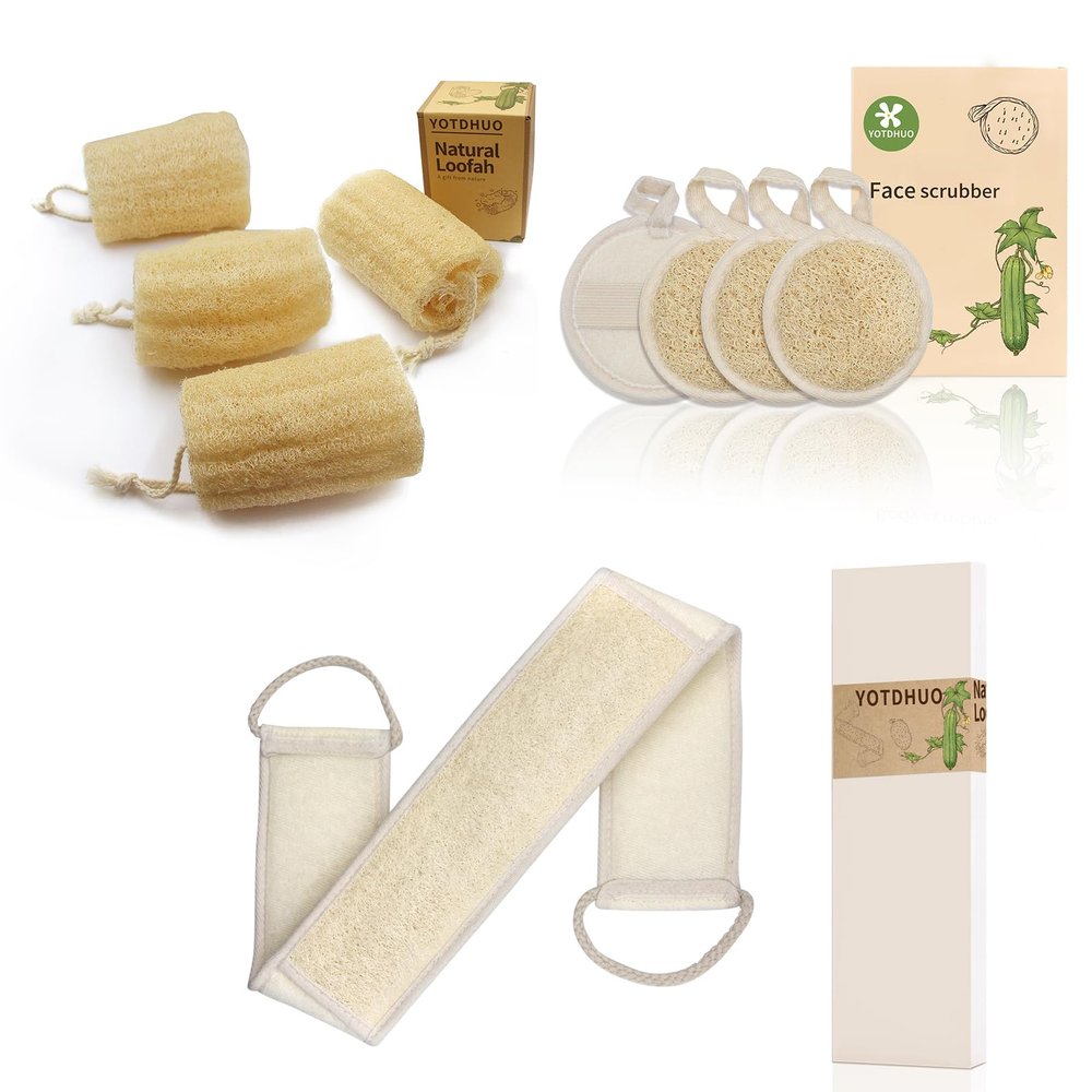4.7'' Natural Loofah(4Pack) Back Scrubber for Shower(1 Pack) Face Scrubber(4pak)