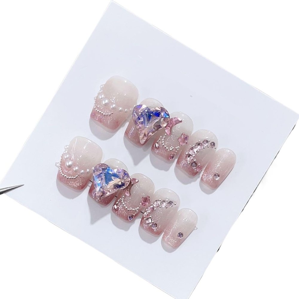 Handmade Wearing Nail Powder Cat Eye French Short Square Round Gentle Detachable Nail Patch(XS)