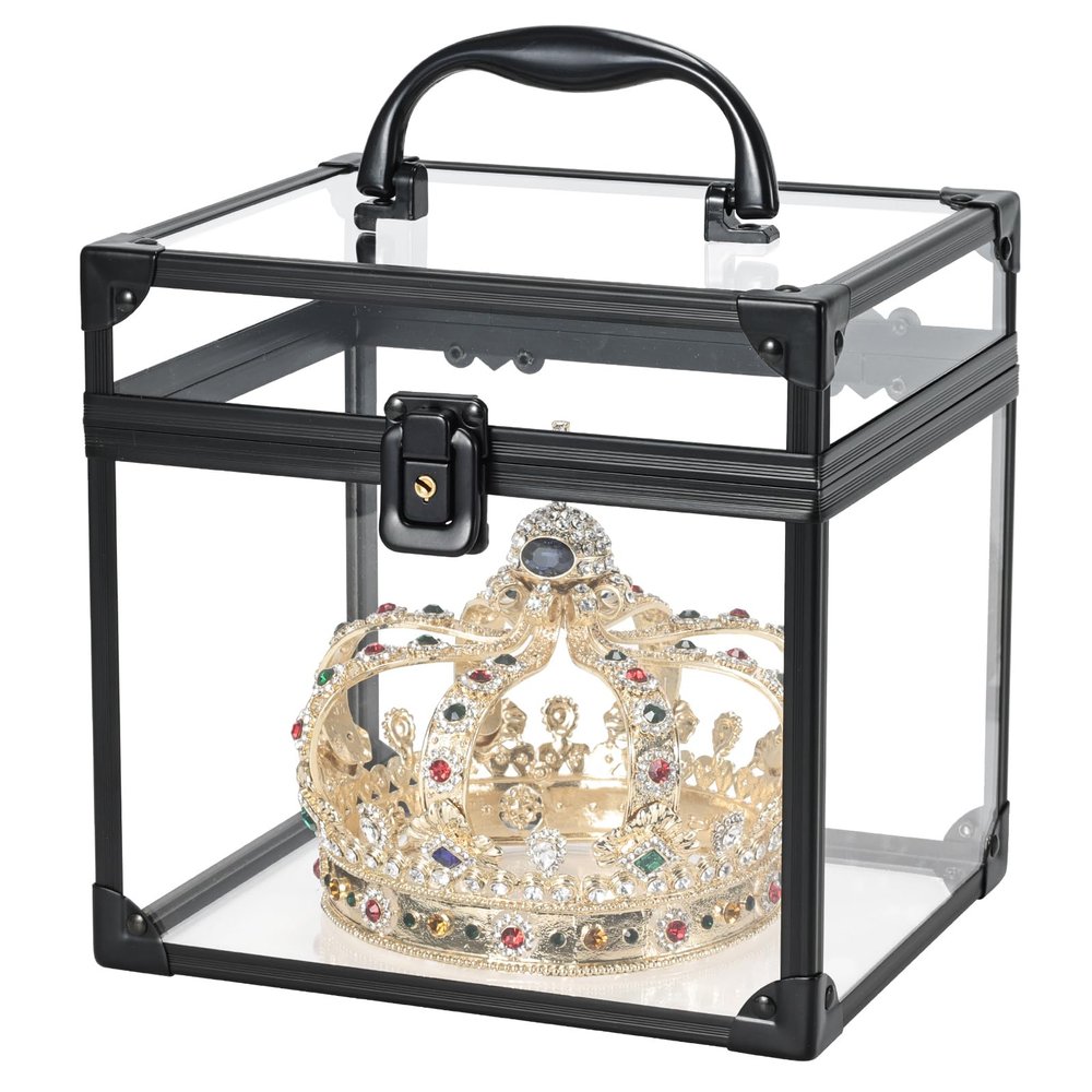 FRENESSA Portable Makeup Case Clear Crown Box Cosmetics Display Case Toiletry Organizer Box Transparent Acrylic Artists Train Case Travel Makeup Tools Storage for Vanity Bathroom Counter Dresser Case