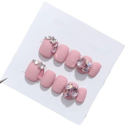 Pink pile diamond manicure, handcrafted nail patches, wearable manicure removable fake nails(L)