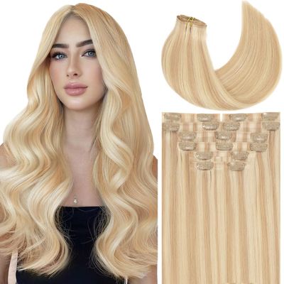 Loxxy Human Hair Clip in Extensions Thin PU Weft Highlight Golden Brown Mixed With Platinum Blonde Invisible Seamless Clip in Hair Extensions Real Human Hair Natural Straight 130g 7Pcs 18Inch P12/60A