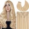 Loxxy Human Hair Clip in Extensions Thin PU Weft Highlight Golden Brown Mixed With Platinum Blonde Invisible Seamless Clip in Hair Extensions Real Human Hair Natural Straight 130g 7Pcs 18Inch P12/60A view 1