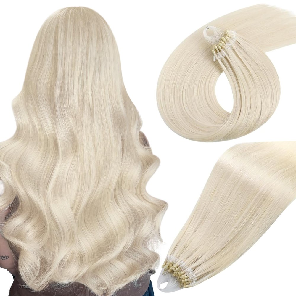 Easyouth Micro Bead Hair Extensions Blonde Microlink Hair Extensions Human Hair White Blonde 14 Inch 50g 50s Invisible Micro Ring Hair Extension Human Hair Short Straight Hair