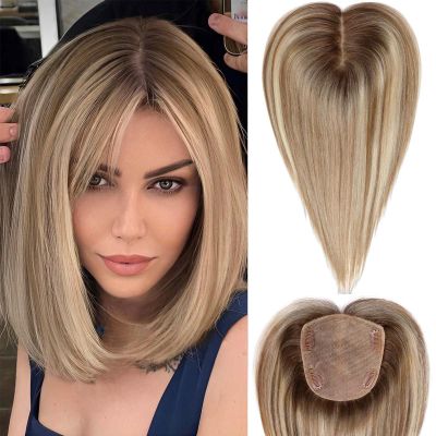 HAIRCUBE 5"*5.5" Large Base Hair Toppers for Women Real Human Hair Topper, 12 inch Light Brown with Blonde Highlight, No Bangs for Women with Thinning or Grey Root
