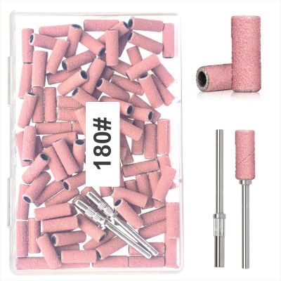 100pcs 180 Grit Small Sanding Bands for Nail Drill with 2pcs 3/32 Upgrade Mandrels Bits, Mini Sanding Bands for Nail Drill for Manicure Nail Salon and Nail Enthusiasts Use, Pink