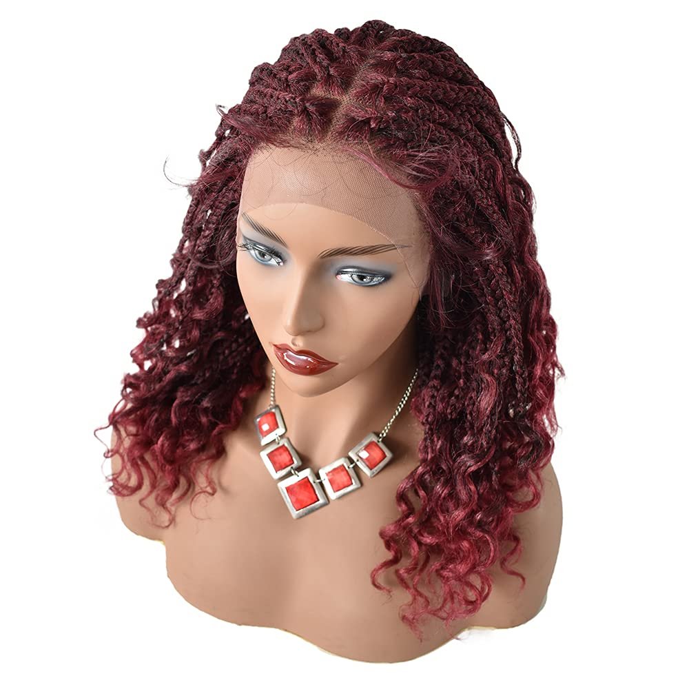 Healthlif Swiss Lace Braided Wigs For Black Women 18 Inch Braids Wig With Baby Hair Premium Synthetic Wavy Hair Twist Box Braids Wigs Soft HD Lace Braiding Wig (#T1B/BUG-#Black/BurgundyT)
