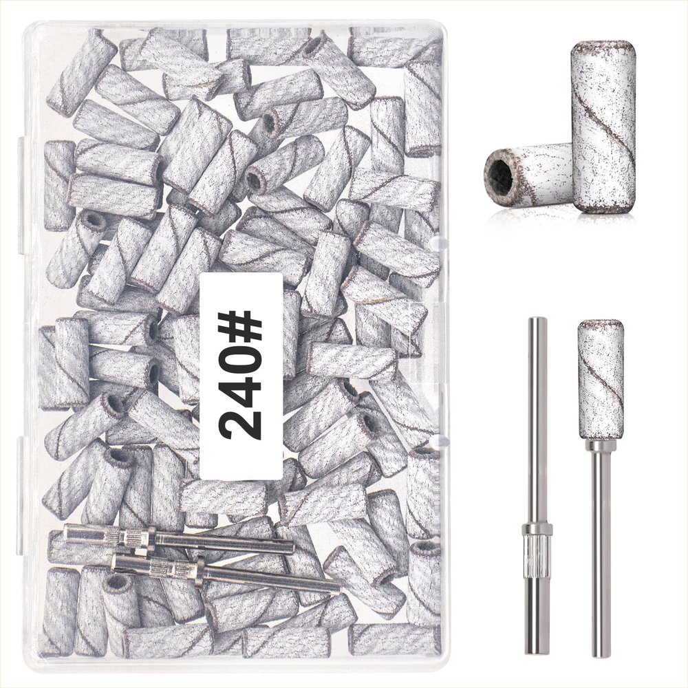 100pcs 240 Grit Small Sanding Bands for Nail Drill with 2pcs 3/32 Upgrade Mandrels Bits, Mini Sanding Bands for Nail Drill for Manicure Nail Salon and Nail Enthusiasts Use, White