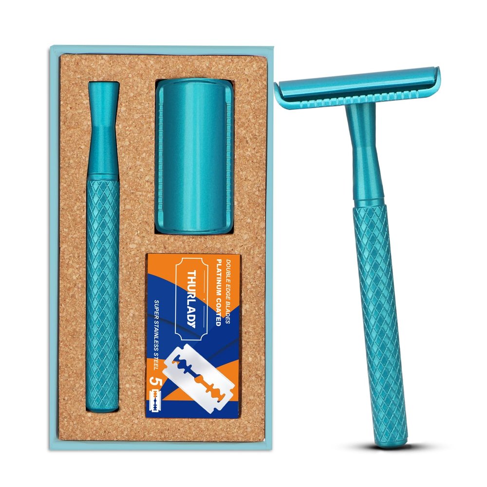 THURLADY Teal Blue Safety Razor - Single Blade Razors for Women - Reusable Metal Razor, with 5 Stainless Steel Double Edge Blades, Smooth Close Shave, Sustainable, Plastic Free