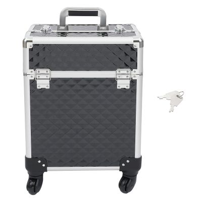 RibasuBB Rolling Makeup Train Case, Large Storage Cosmetic Trolley with 4 Tray, Professional Aluminum Cosmetic Case, Travel Makeup Trolley with Sliding Rail Removable Middle (Black)