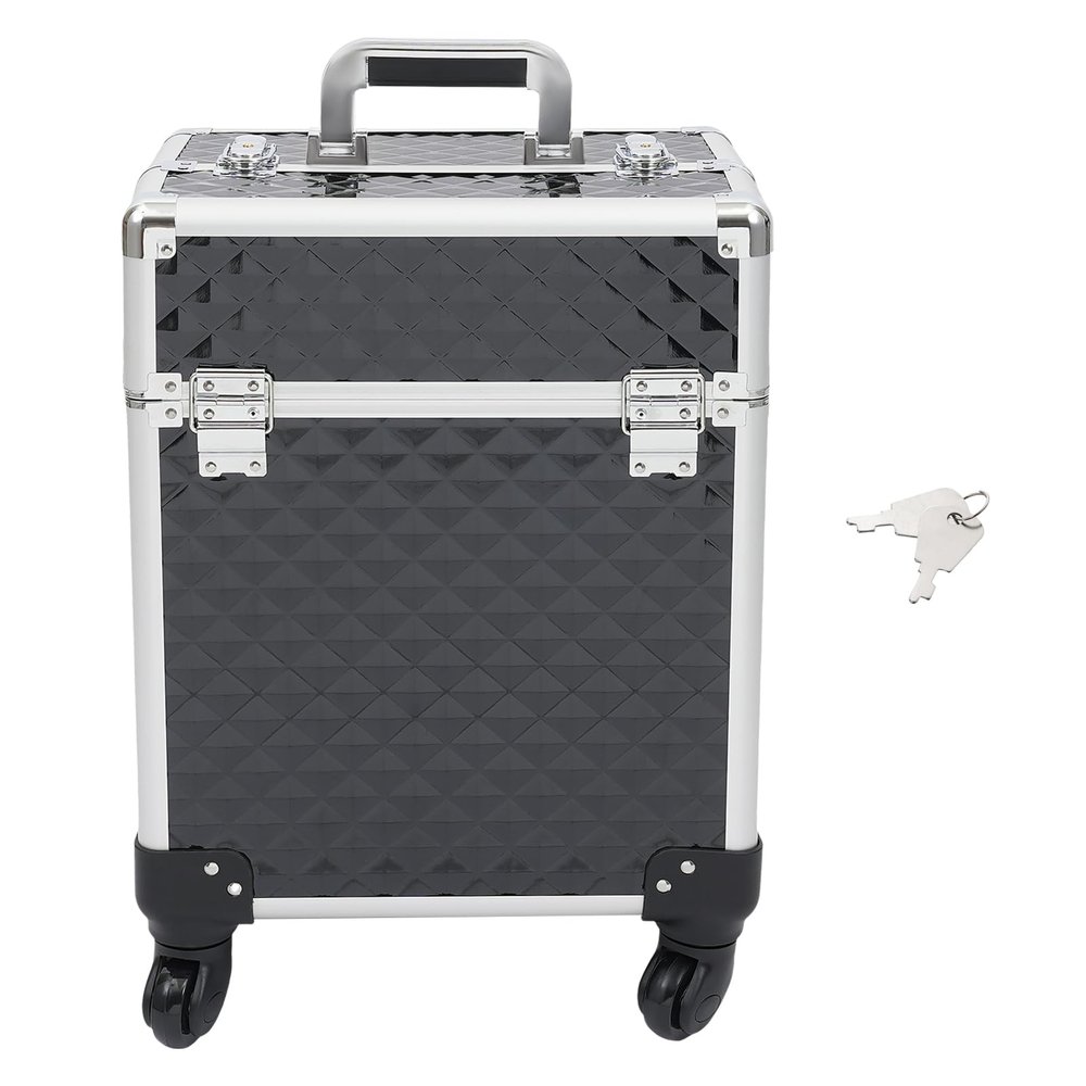 RibasuBB Rolling Makeup Train Case, Large Storage Cosmetic Trolley with 4 Tray, Professional Aluminum Cosmetic Case, Travel Makeup Trolley with Sliding Rail Removable Middle (Black)
