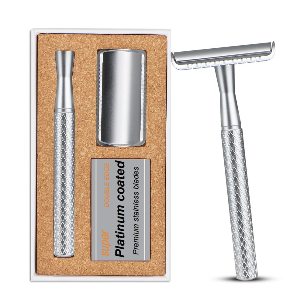 THURLADY Matte Silver Safety Razor - Single Blade Razors for Men - Reusable Metal Razor, with 5 Stainless Steel Double Edge Blades, Smooth Close Shave, Sustainable, Plastic Free