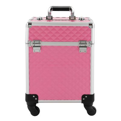 RibasuBB Rolling Makeup Train Case, Large Storage Cosmetic Trolley with 4 Tray, Professional Aluminum Cosmetic Case, Travel Makeup Trolley with Sliding Rail Removable Middle (Peach)