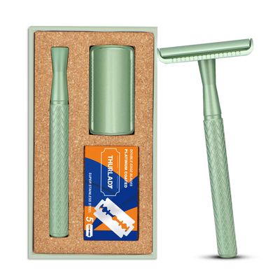 THURLADY Forest Green Safety Razor - Single Blade Razors for Women - Reusable Metal Razor, with 5 Stainless Steel Double Edge Blades, Smooth Close Shave, Sustainable, Plastic Free
