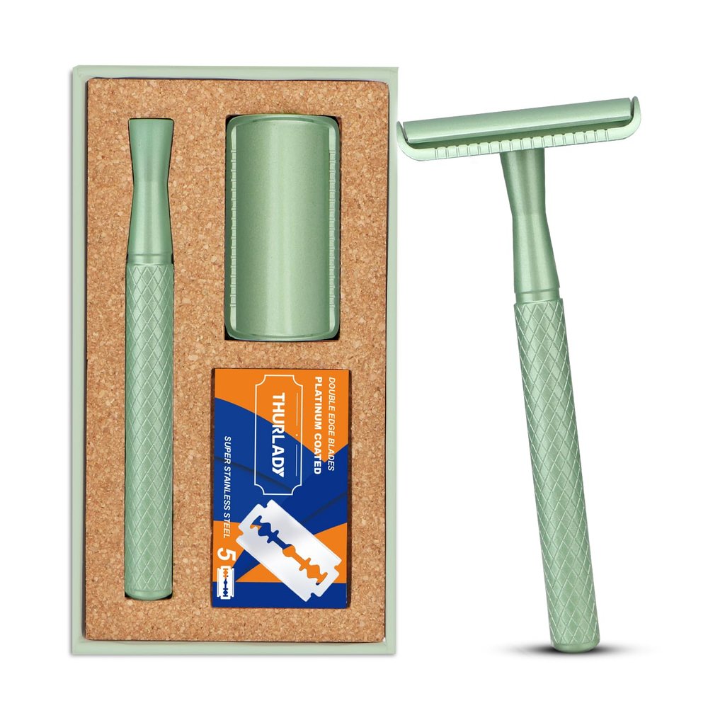 THURLADY Forest Green Safety Razor - Single Blade Razors for Women - Reusable Metal Razor, with 5 Stainless Steel Double Edge Blades, Smooth Close Shave, Sustainable, Plastic Free