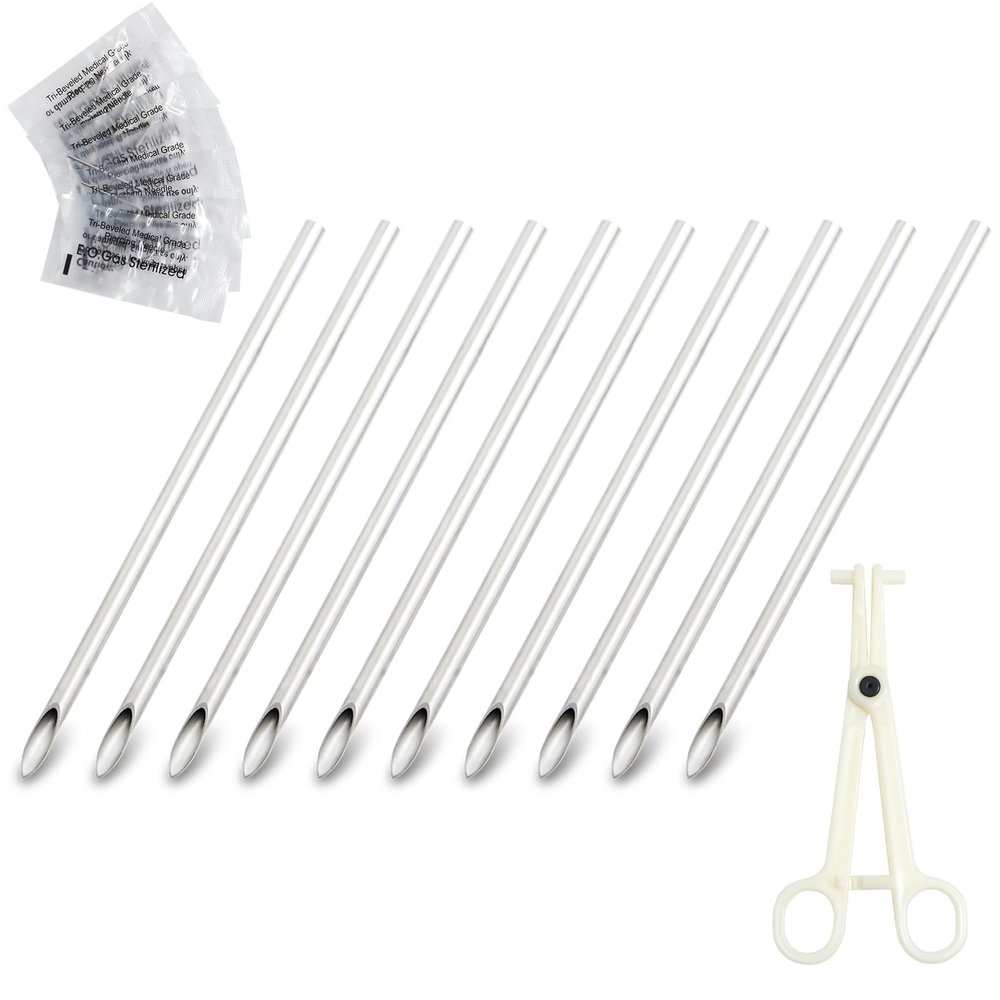 Oyaface 10pcs 12G 2MM Stainless Steel Body Piercing Needles Sterile Disposable Ear Nose Navel Nipple Lip Piercing Needles with 1pc Perforated Positioning Clip
