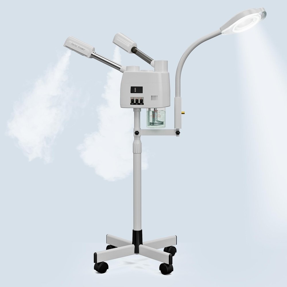 SyyBhb Professional Facial Steamer on Wheels for Esthetician, 3 in 1 White Esthetician Steamer with 5X LED Magnifying Lamp, Hot & Cold Mist