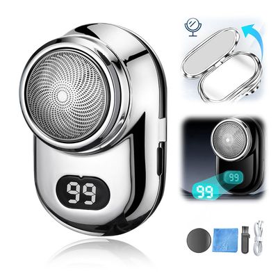New Fast Charging Digital Display Mini Shaver Portable Electric Razor for Men with Mirror, USB Rechargeable Waterproof Beard Trimmer (Silver)
