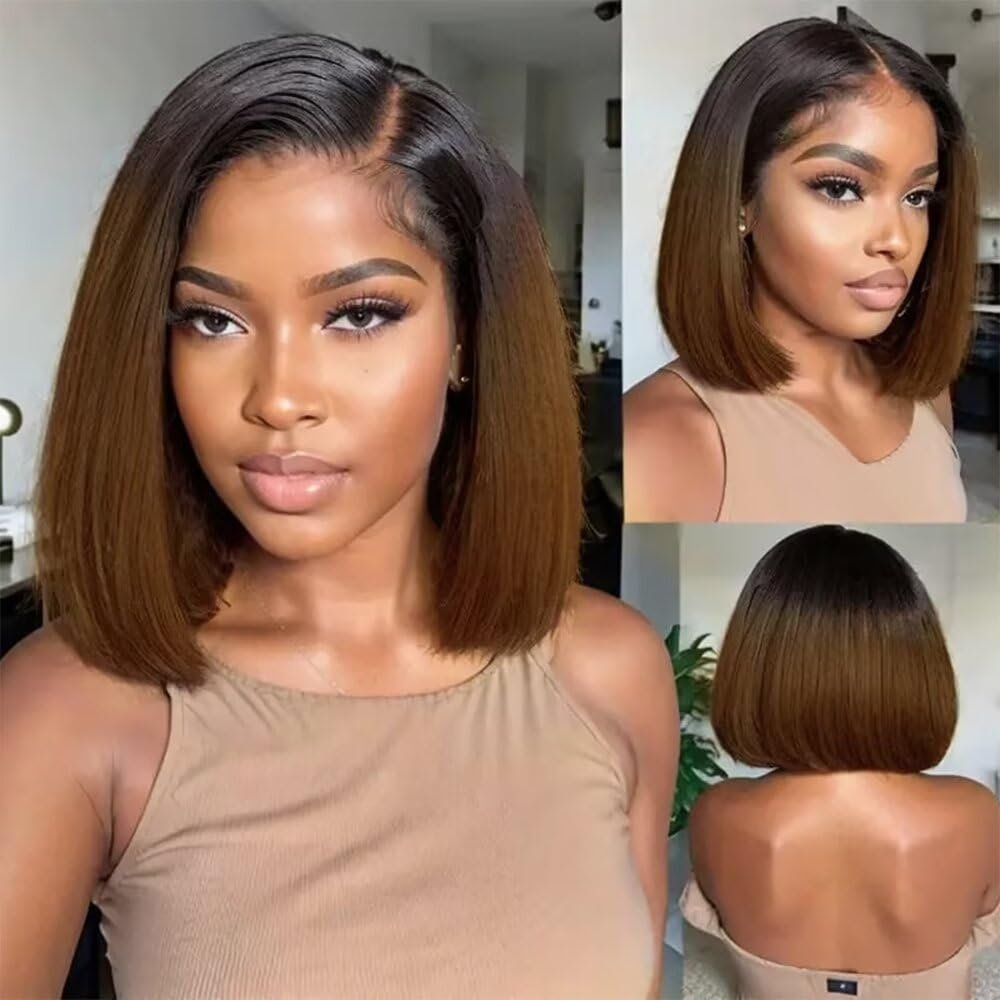 oulaer Ombre Brown Color Straight Short Bob Wigs Brazilian Human Hair Glueless Wigs for Women 13x6 HD Transparent Lace Front Wig 150% Density Pre Plucked Natural Hairline with Baby Hair 12inch
