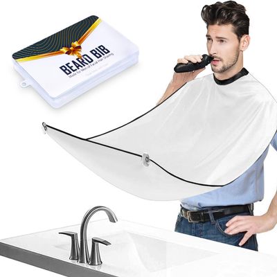 Beard Bib Apron, Beard Trimming Catcher for Men Shaving Hair Clippings Non-Stick Waterproof Grooming Cloth with 3 Suction Cups & A Box Valentines Gifts for Men Him Boyfriend(White)