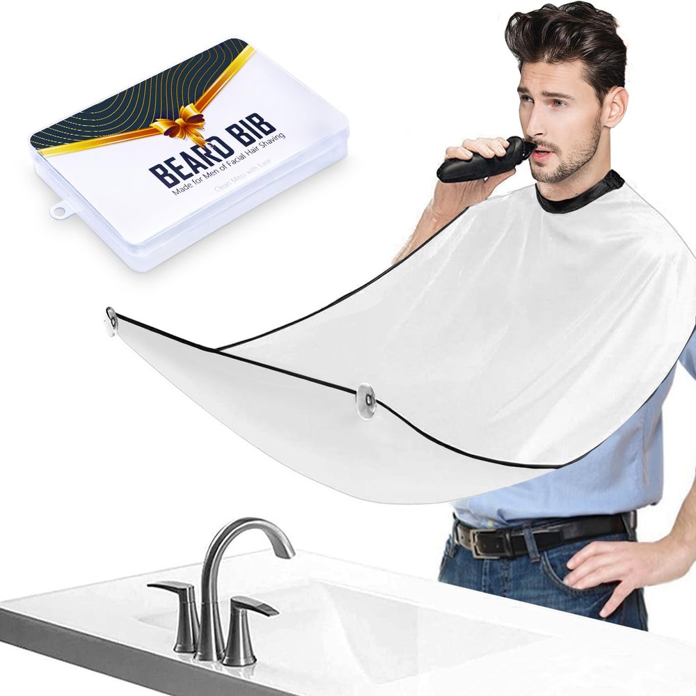 Beard Bib Apron, Beard Trimming Catcher for Men Shaving Hair Clippings Non-Stick Waterproof Grooming Cloth with 3 Suction Cups & A Box Valentines Gifts for Men Him Boyfriend(White)