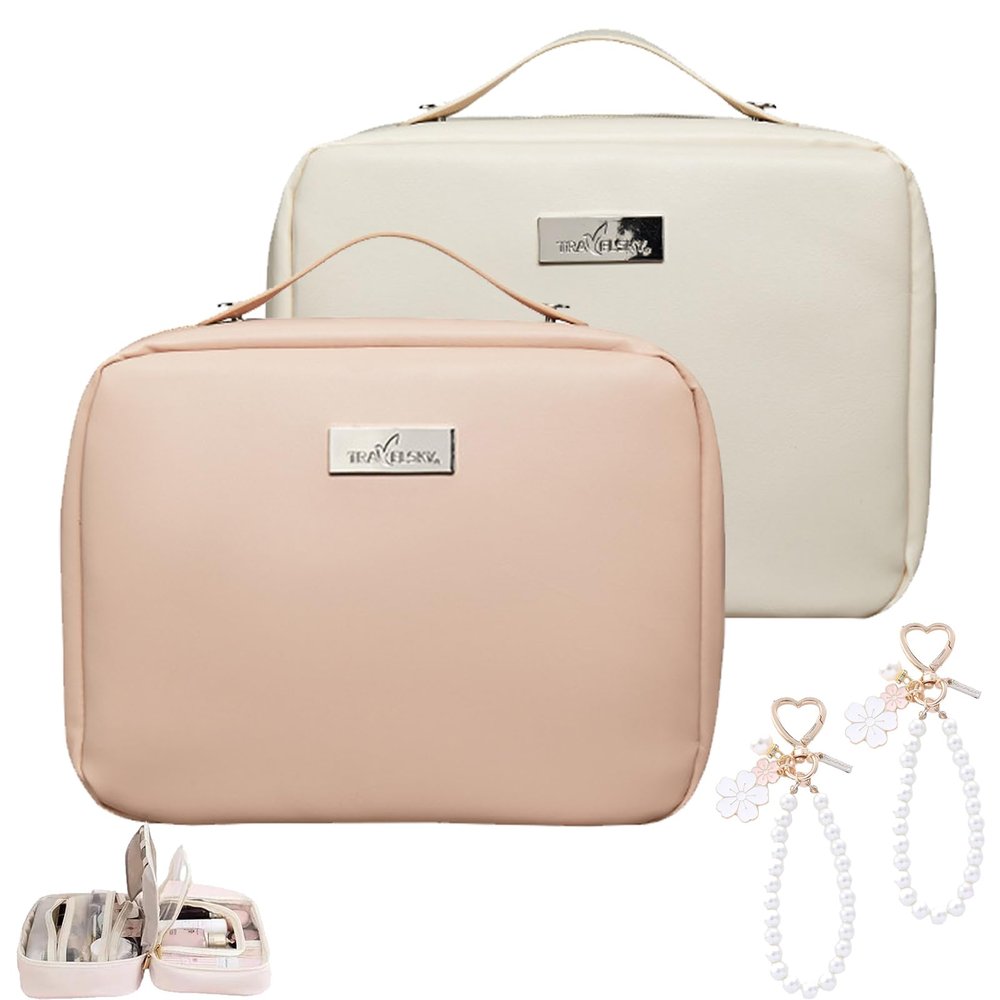 tarcegta Multi Compartment Toiletry Cosmetic Bag, Super Large Capacity Multi Compartment Toiletry Bag, Multi-Compartment Toiletry Cosmetics Bag With Interlayer, Handle, Waterproof Pu Leather (2Pcs-H)