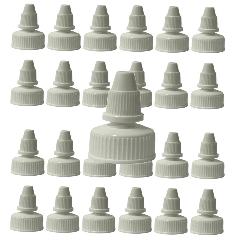 25 pack 20-410 White Fine Ribbed Twist Open & Close Dispensing Closure (.118" Orifice) PE Foam Gasket Caps- Durable Dispensing Lids for Shampoo, Lotion, Conditioners & Creams