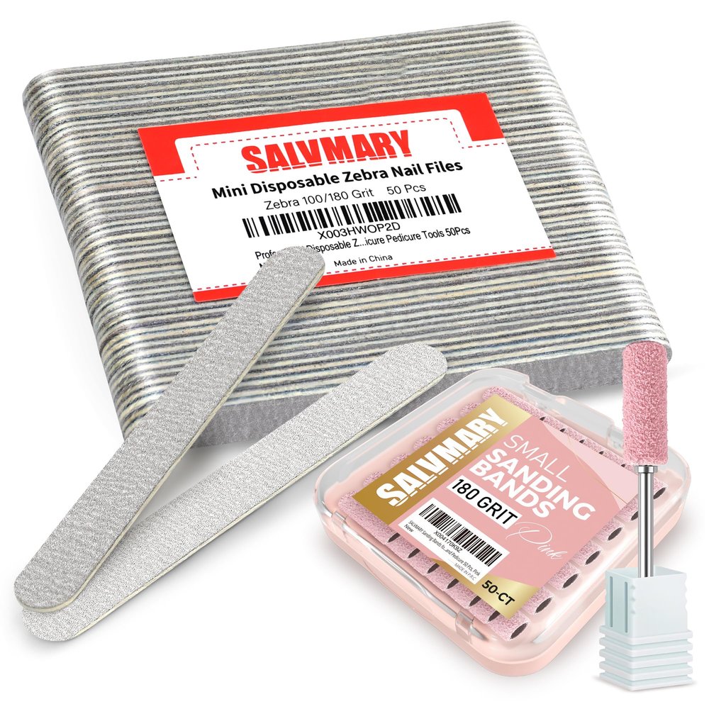 180 Grit Small Sanding Bands for Nail Drill with 3.1MM Mandrel Bit Set and 100/180 Grit 5 Inch Disposable Zebra Nail Files