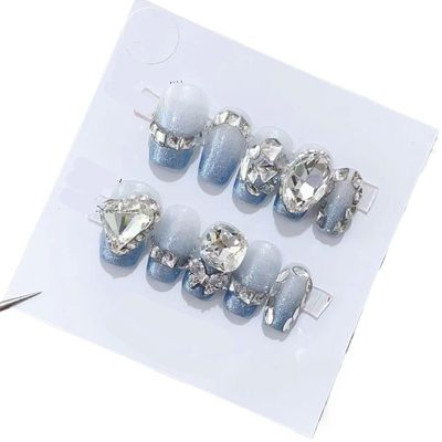 ZIIVIEVS Handmade Wearing Nail Product Nail Beauty Short Style Summer Blue Detachable False Nail(XS), 1 Count (Pack of 1)
