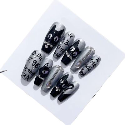 Handmade Cat Eye Black Hand Painted Cat Wearing Nail Removable Nail Artificial Nail(XS)