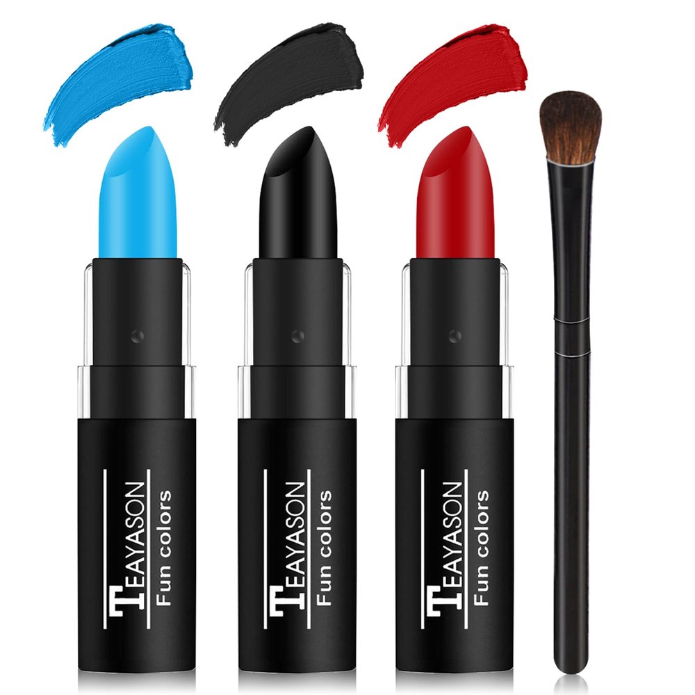 DAMUSI 3 Colors Face Body Paint Sticks for Skin Eye Black Baseball Softball Football Sticks with Brush,Suitable for Clown Cosplay Halloween Joker Vampire MakeupBlue/Black/Red Face Paint Sticks