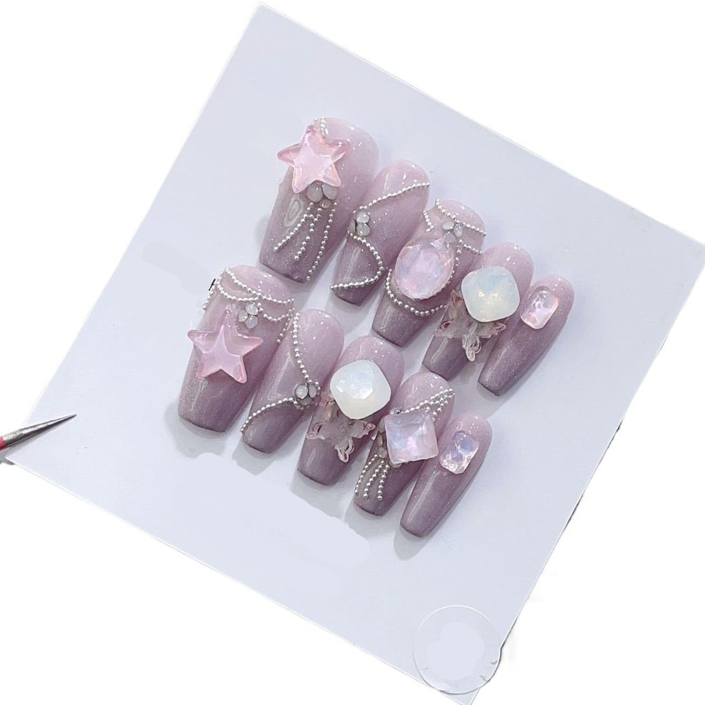 Handmade wearing of purple diamond patches on nails, finished nail art, medium length nail patches, fake nails(L)