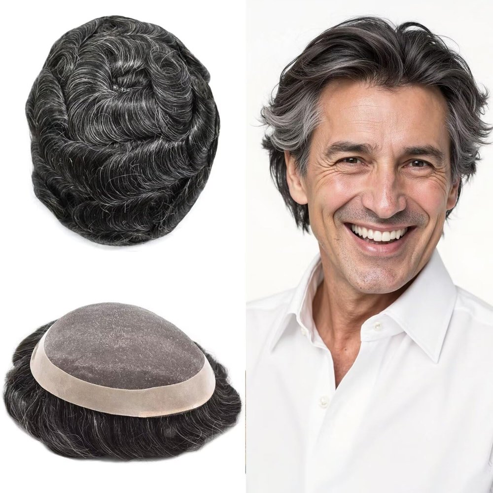 Mens Hairpieces 100% Human Hair Units for Man Mono Center Toupee for Men Breathable Monofilament NPU Man Wig for Thinning Hair 8"X10" #1B30 1B# OFF BLACK WITH 30% SYNTHETIC GREY