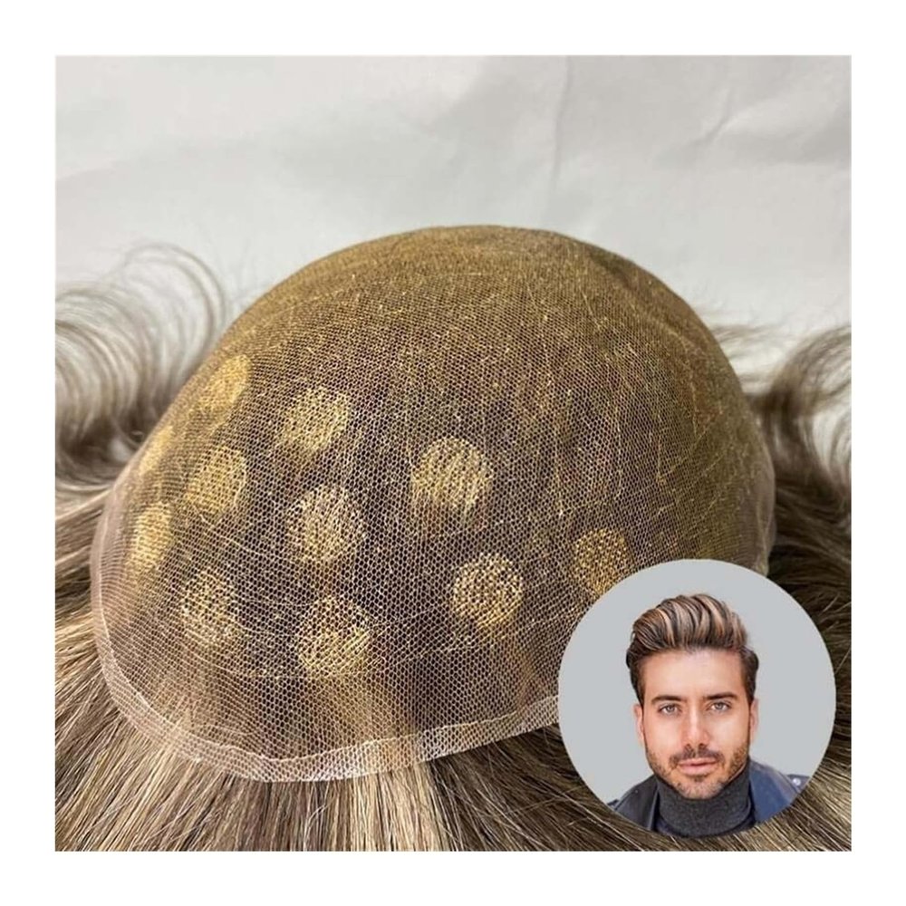 HEAIQI Men Wig Men's Toupee Real Human Hair Pieces Male Hair Prosthesis Super Soft and Breathable Full Lace Base Hair Replacement System for Man Toupee Mens Wigs(Color 4 and 613 100%,6x8)