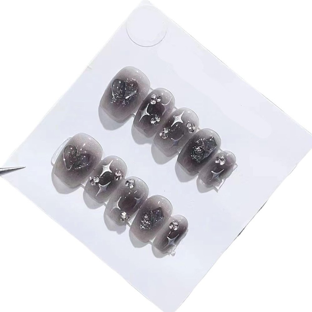 Handmade wearing of black three-dimensional heart halo dyed nails, removable false nails, 10pcs(S)
