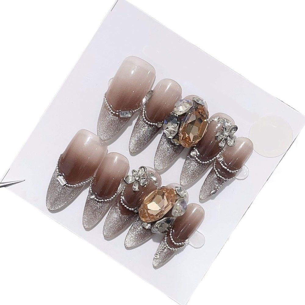 Handmade long cat eye coffee detachable manicure patch fake nails(XS)